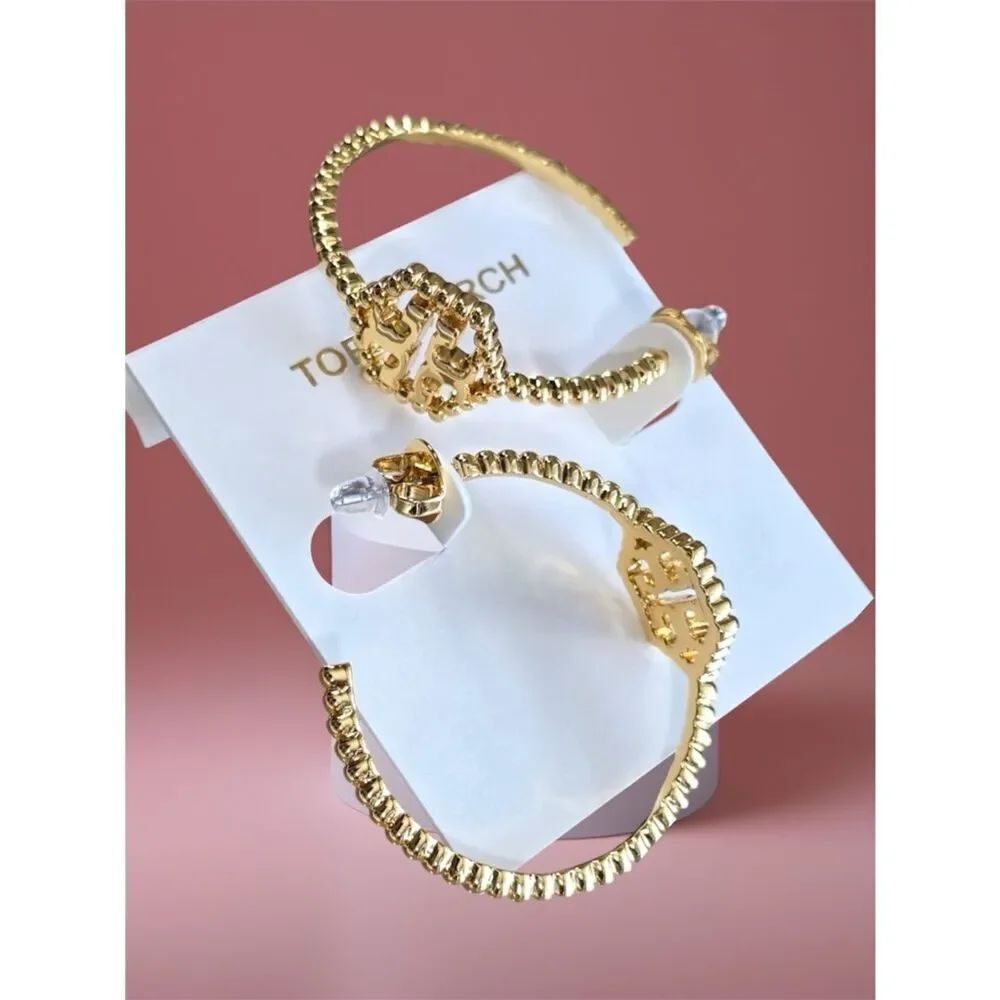 TORY BURCH MILGRAIN HEX HOOP EARRINGS GOLD TONE